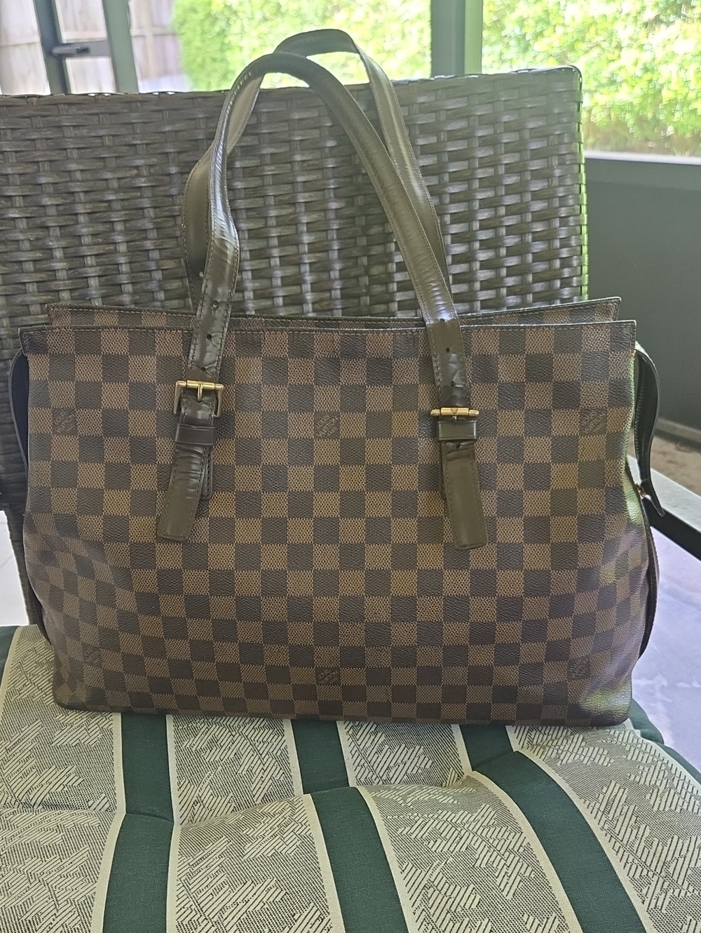 Louis Vuitton Vintage Chelsea Brown Checkered Shoulder Tote with Gold Hardware